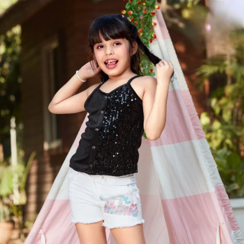 Rama & Black Sequin Top for Girls Silver Glitter Sequin