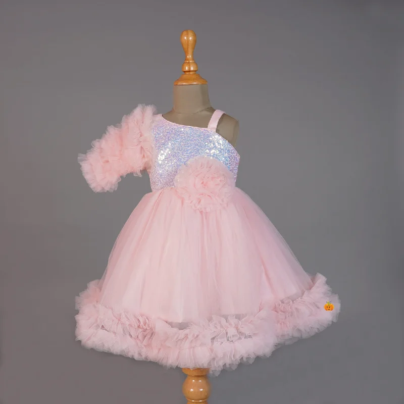 Pink Frill Sequin Girls Frock Short Sequin Dress