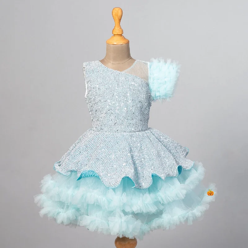 Sky Blue Sequin Frill Girls Frock Sequin Dress Fashion