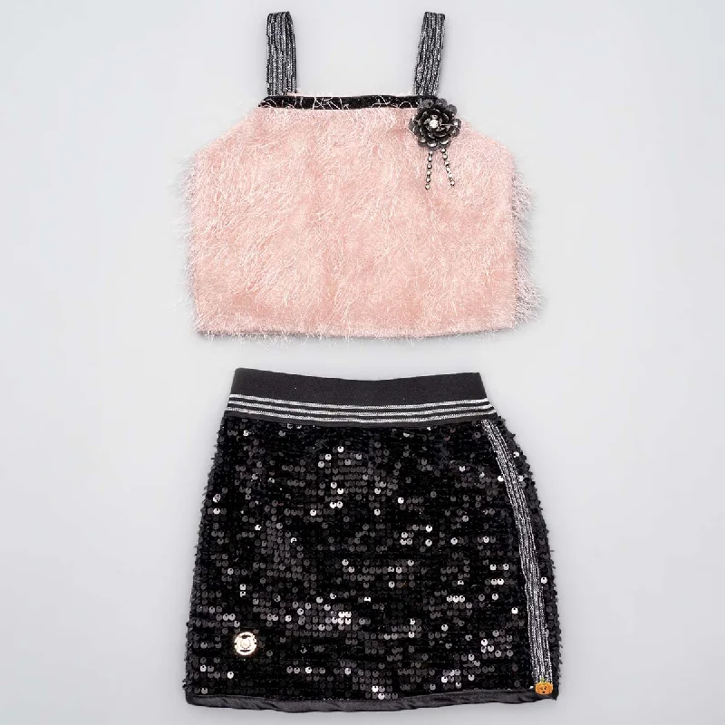 Peach & Onion Sequin Skirt and Furry Girls Top Party Wear Sequin