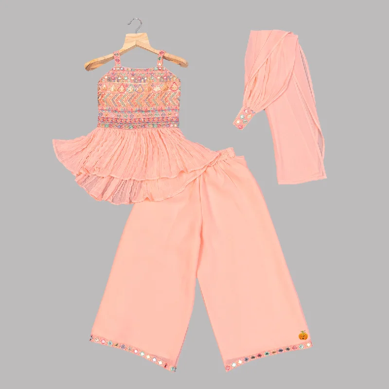 Peach & Sky Blue Sequin Embroidered Girls Palazzo Suit Sequin Dress Style