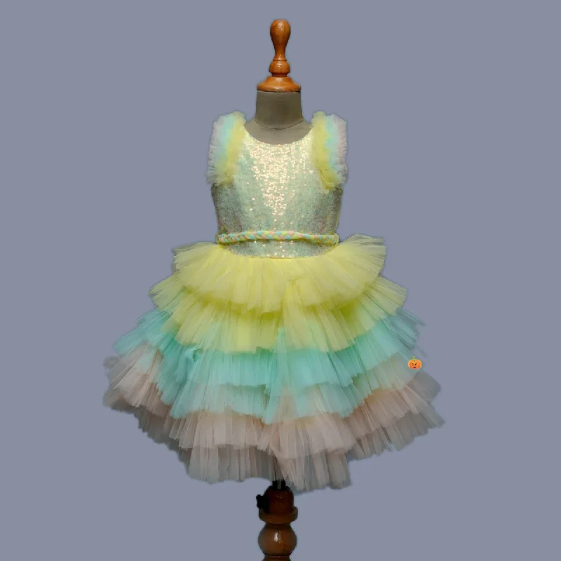 Lemon & Multi Layered Sequin Girls Frock Modern Sequin Dress