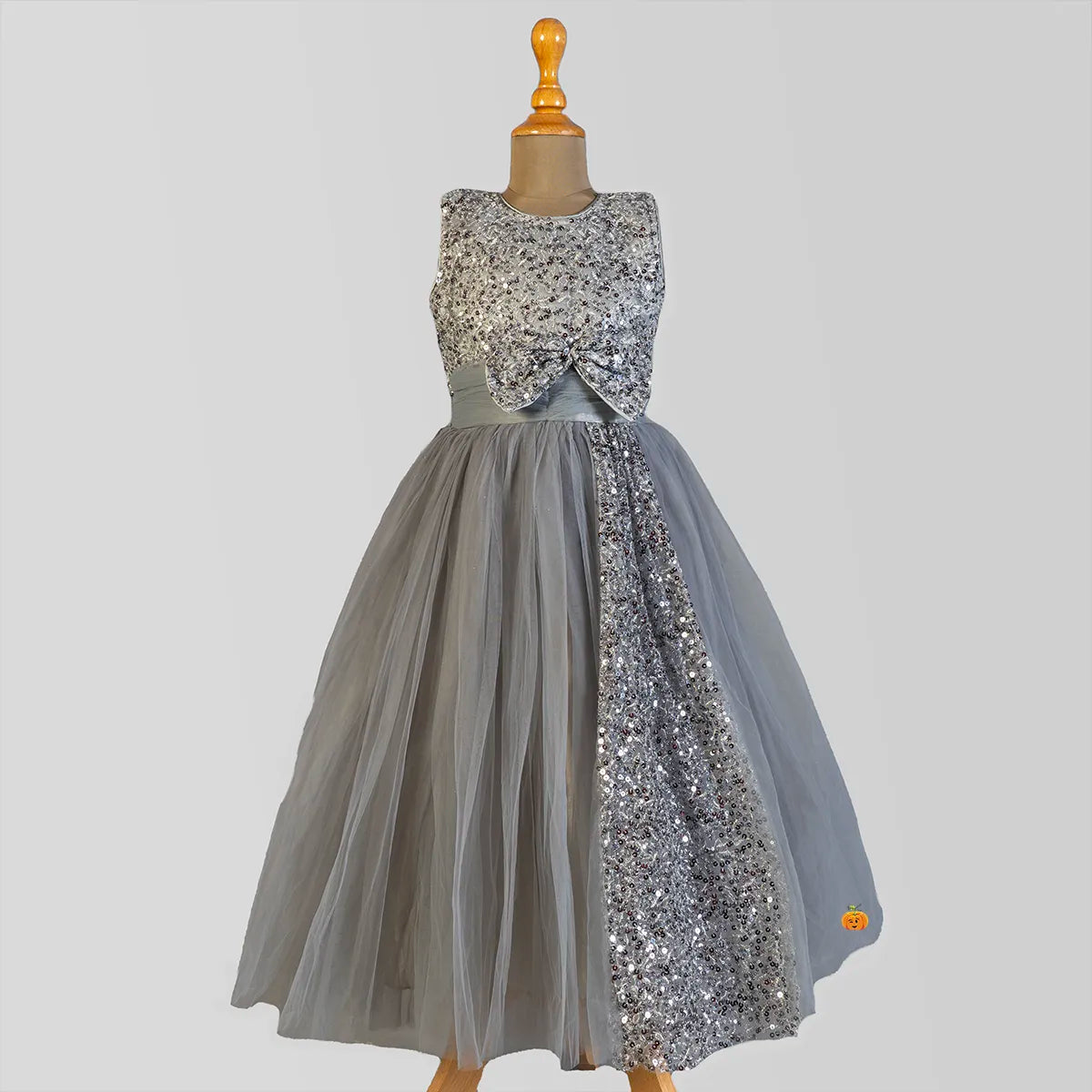 Grey Sequin Bow Girls Gown Sequin Fit Dress