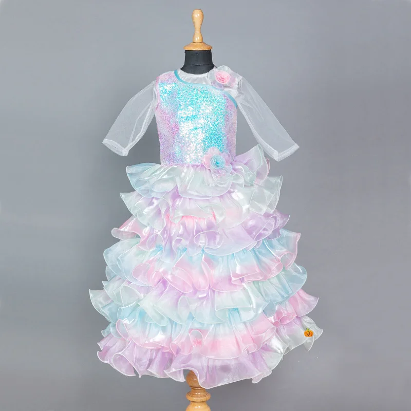 Multi Sequin Layered Girls Gown Floor-length Sequin Dress