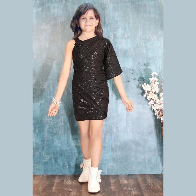 Black & Fawn Sequin Girls Midi Sequin Dress Trendy