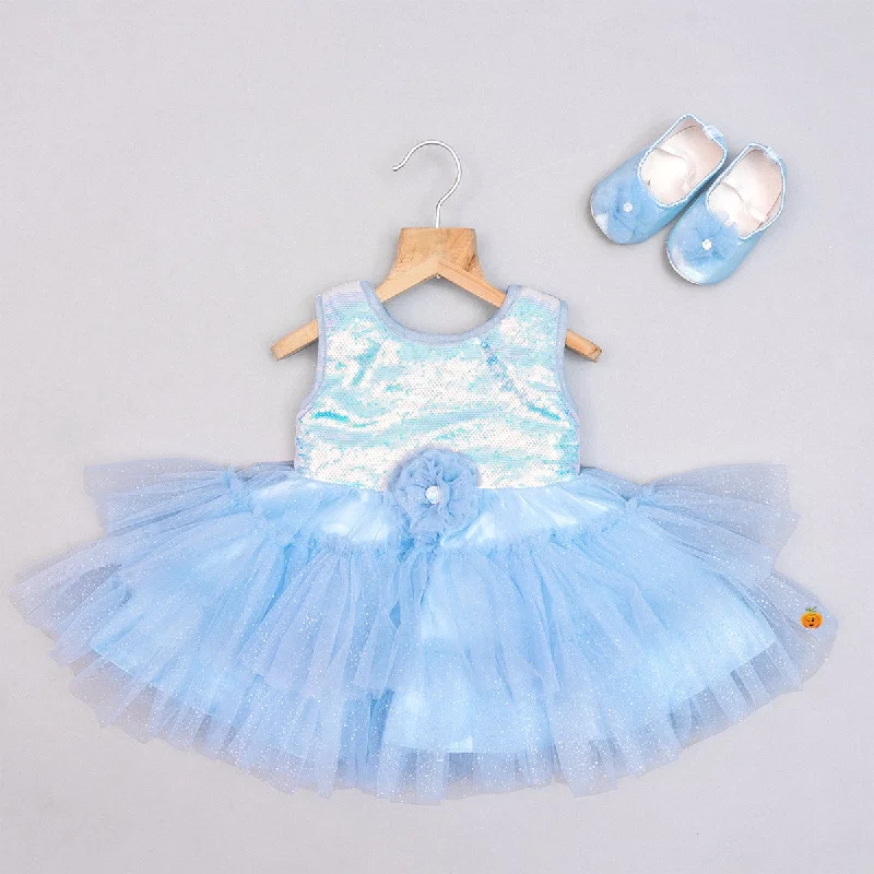 Sky Blue & Peach Sequin Baby Frock Sequin Dress Shine