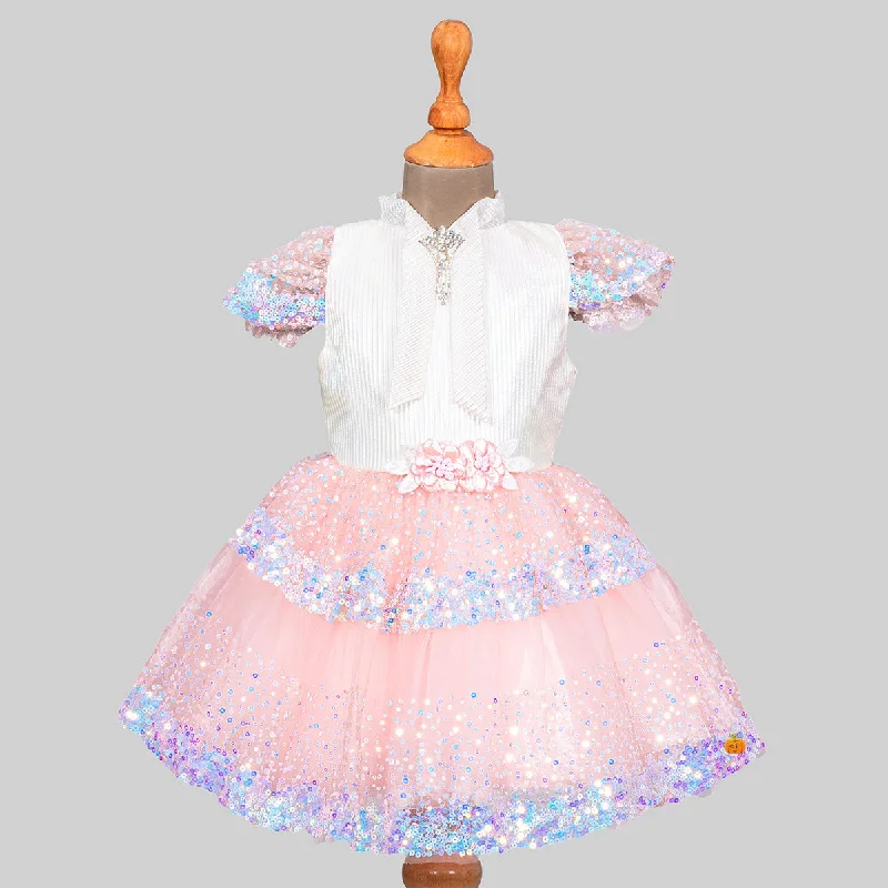 Peach Sequin Frock for Girls High Neck Sequin