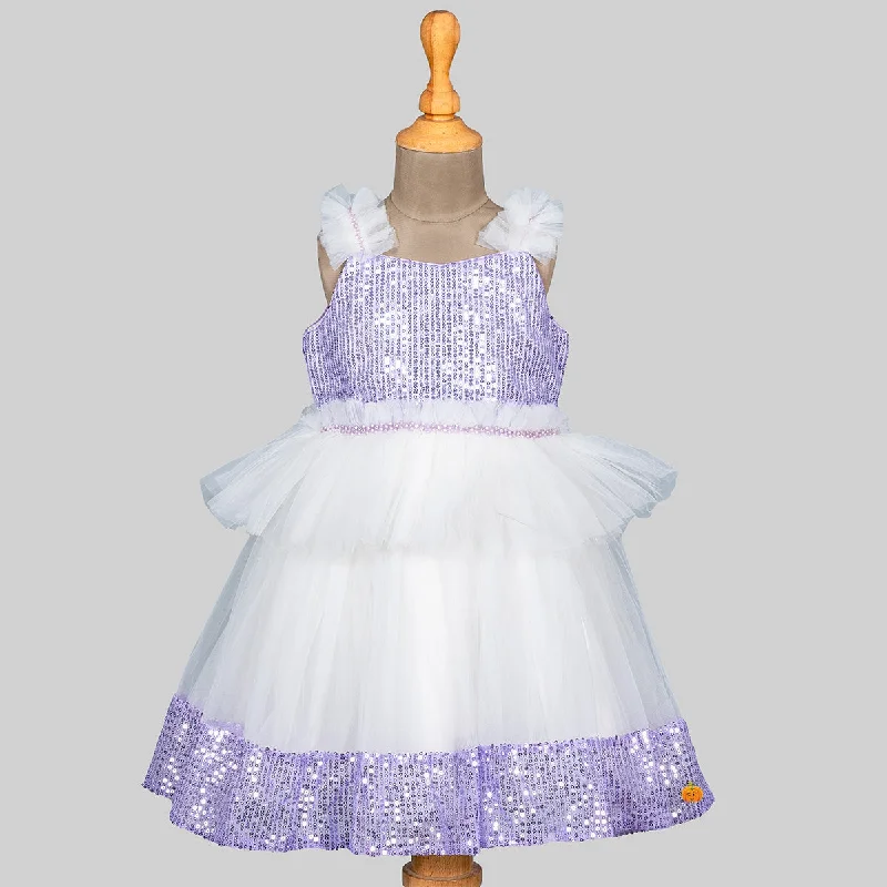 Purple & White Sequin Frill Frock for Girls Colorful Sequin Dress