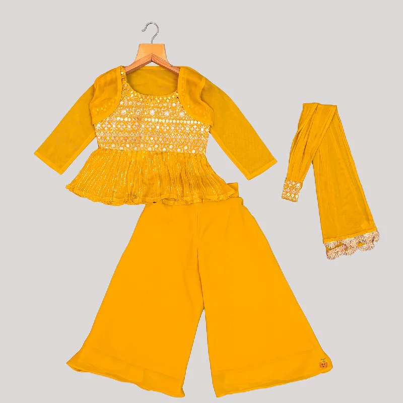 Mustard Sequin Embroidered Girls Palazzo Suit Sequin Evening Dress