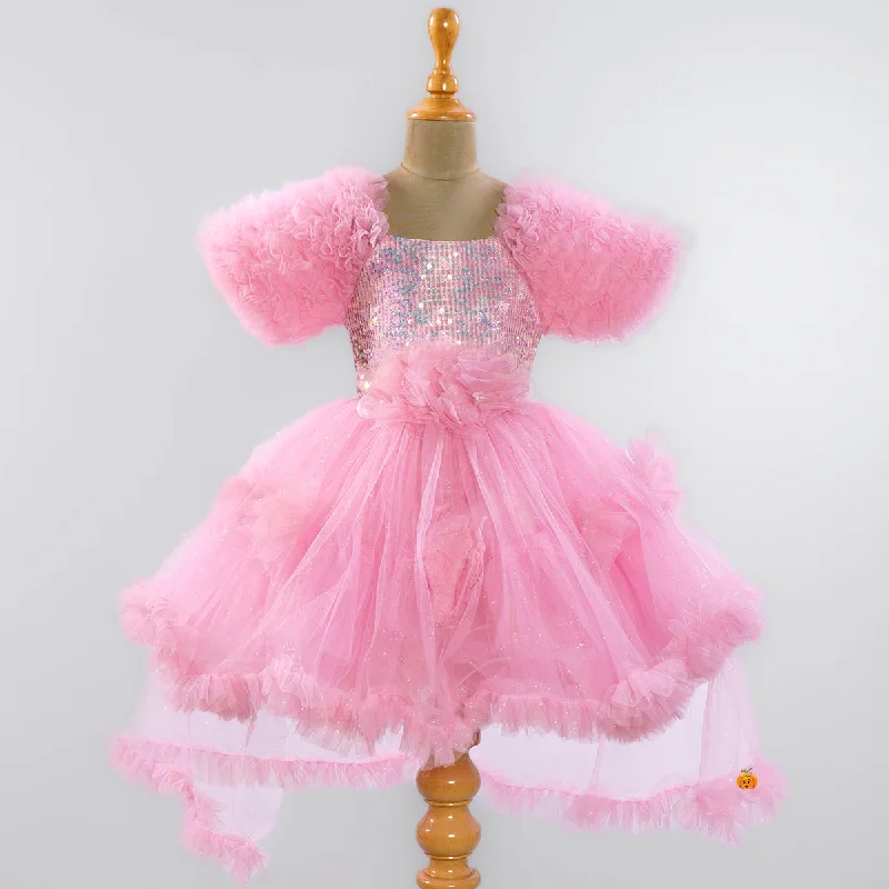 Net Frills Sequin Girls Frock Sequin Shift Dress