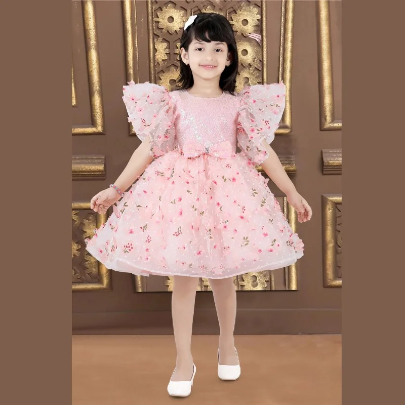 Peach Scattererd Flower Sequin Girls Frock Black Sequin Dress