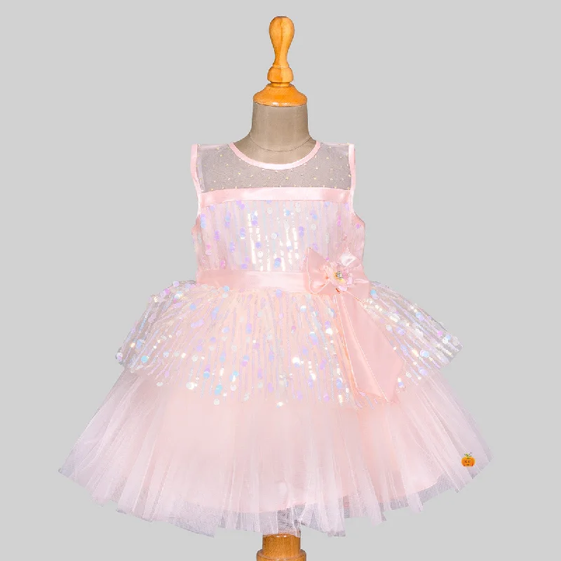 Peach Sequin Net Frock for Girls Glam Sequin Dress