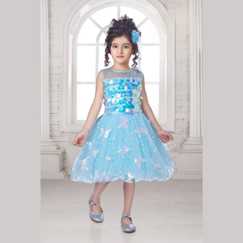 Turquoise Sequin Butterfly Frock for Girls Sequin Dress Style