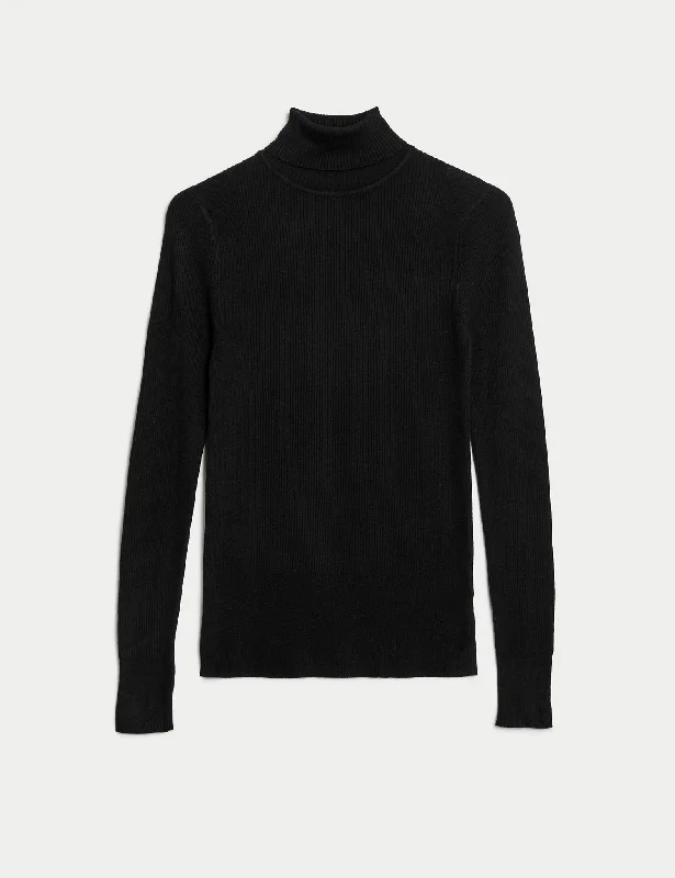 Ribbed Roll Neck Fitted Jumper High-neck Pullover Sweater