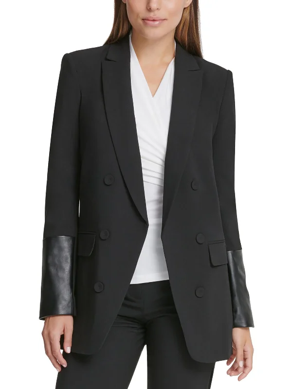 Petites Womens Faux Leather Trim Special Evening Double-Breasted Blazer Women’s Long Blazer