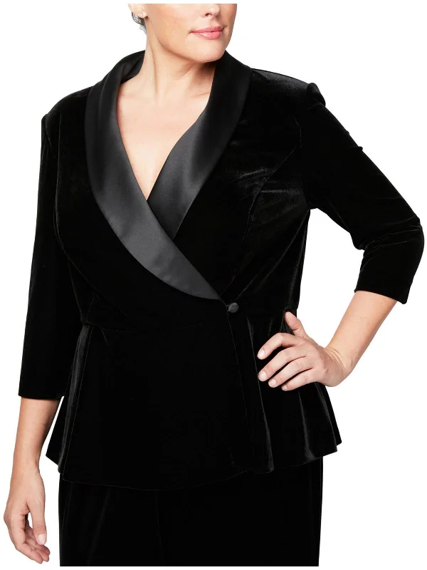 Plus Womens Satin Lapel Velvet One-Button Blazer Black Blazer Jacket