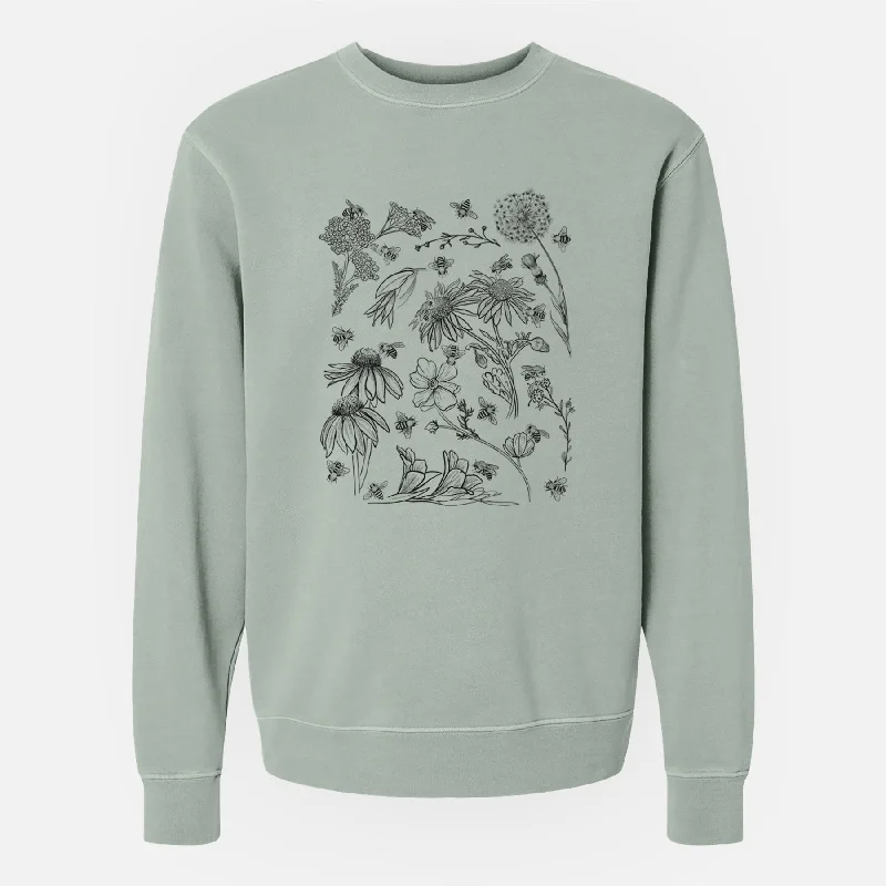 Bees & Blooms - Honeybees with Wildflowers - Unisex Pigment Dyed Crew Sweatshirt Comfy Pullover Sweatshirt