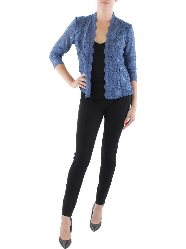 Womens Lace Open Front Collarless Blazer Business Casual Blazer