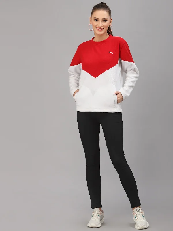 JUMP USA Women White & Red Solid Active Wear Sweatshirt Hooded Sweatshirt for Women