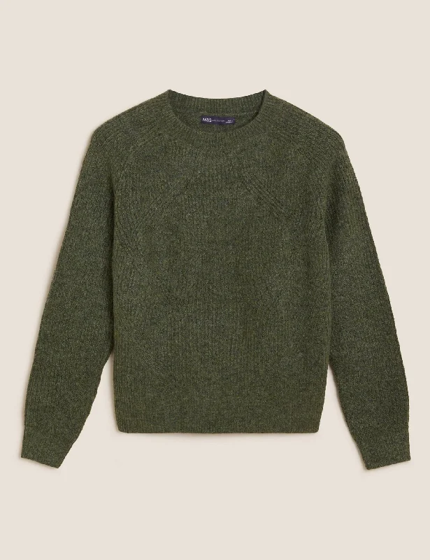 Ribbed Crew Neck Relaxed Jumper Basic Knit Pullover