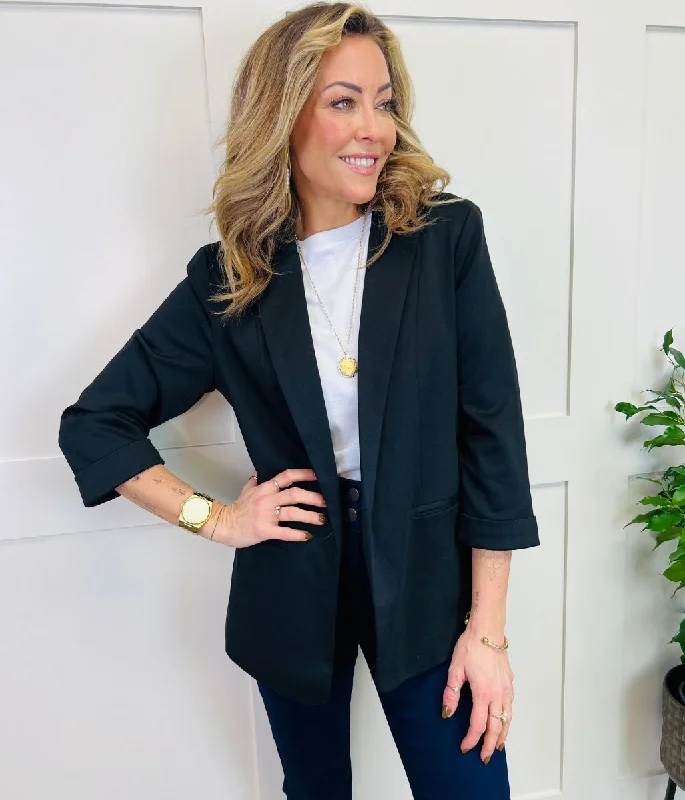 Black Ponte 3/4 Sleeve Blazer Modern Tailored Blazer