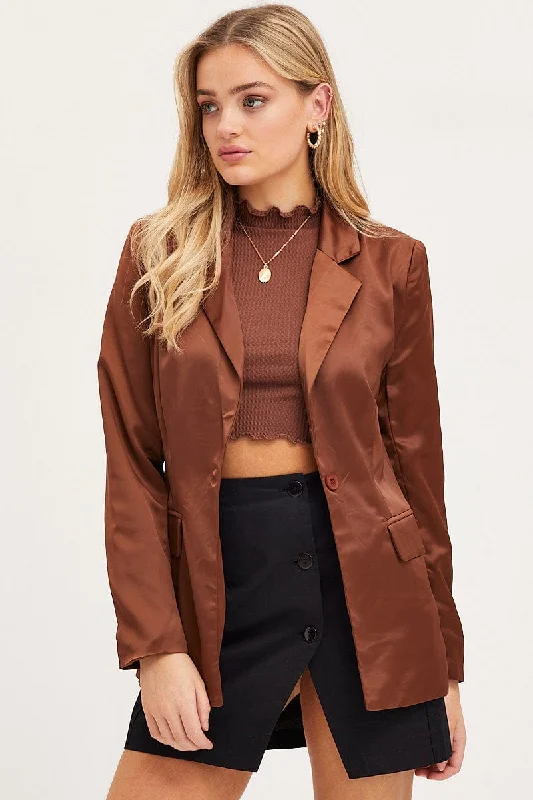 Brown Workwear Jacket Long Sleeve Blazer for Date Night