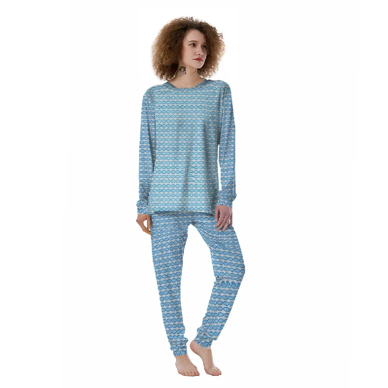 DNA White And Blue Print Pattern Women's Pajamas Movie night pajama sets