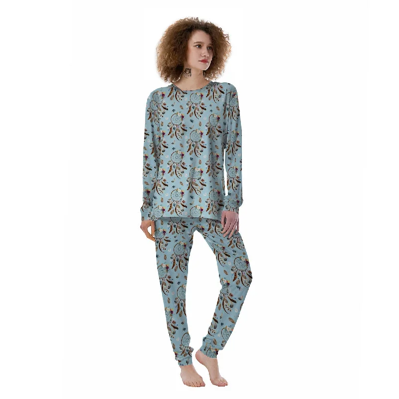 Dream Catcher Blue Indian Print Pattern Women's Pajamas Button-up pajama sets