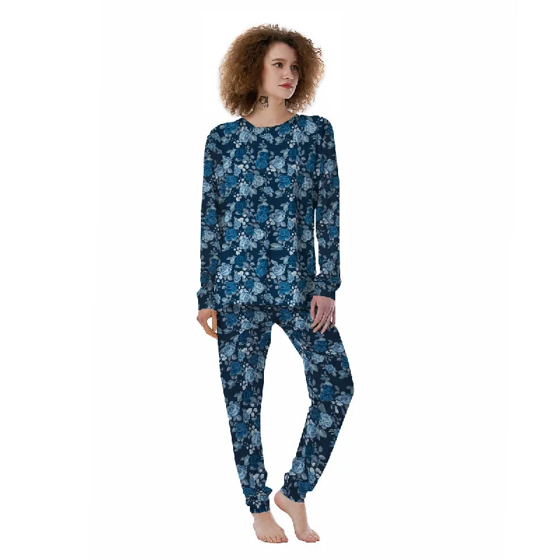 Floral Flower Blue Rose Print Pattern Women's Pajamas Nursing pajama sets