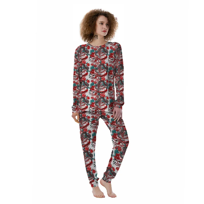 Flower And Chinese Dragon Print Pattern Women's Pajamas Three-piece pajama sets