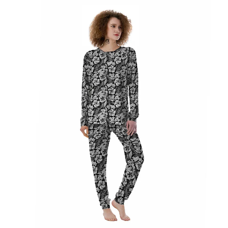 Flower Black Plumeria Print Pattern Women's Pajamas Button-up pajama sets