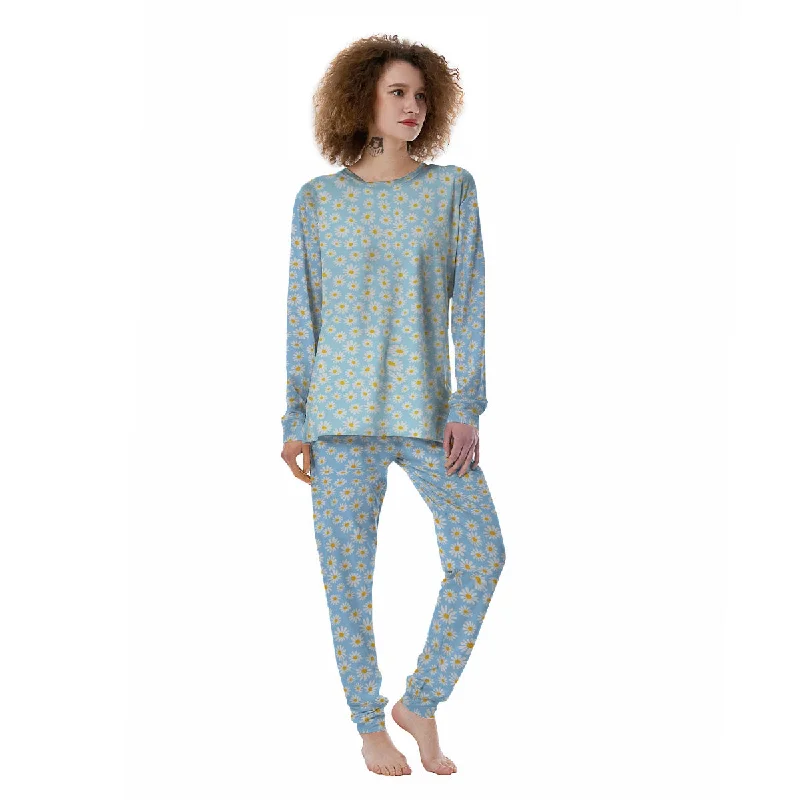 Flower Blue Daisy Print Pattern Women's Pajamas Minimalist pajama sets