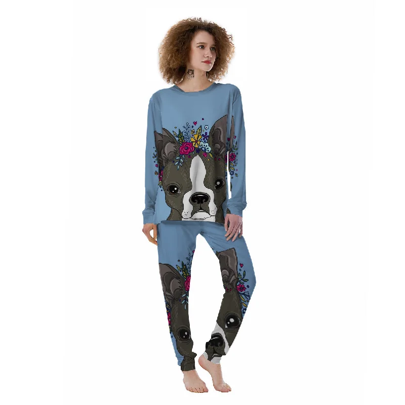 Flower Boston Terrier Cartoon Print Women's Pajamas Cooling pajama sets