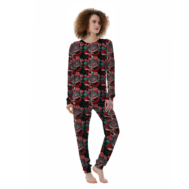 Flower Chinese Dragon Print Pattern Women's Pajamas Winter pajama sets