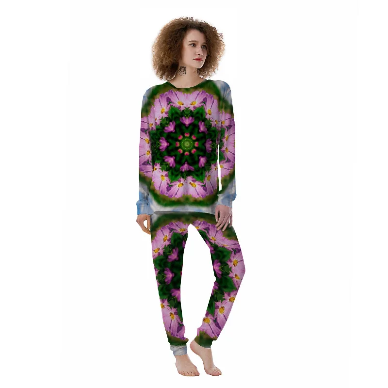 Flowers Kaleidoscope Pink And Blue Print Women's Pajamas Flannel pajama sets