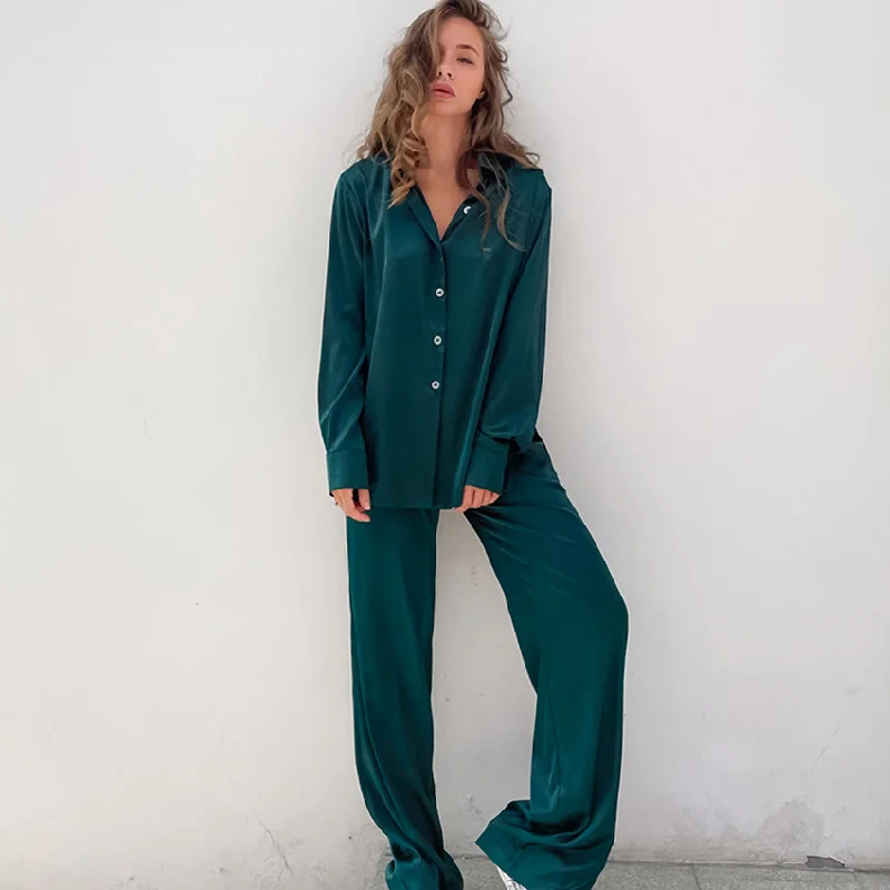 Women'S Fashion Shirt Faux Silk Lightweight Long Sleeve Trousers Pajama Set Silk pajama sets