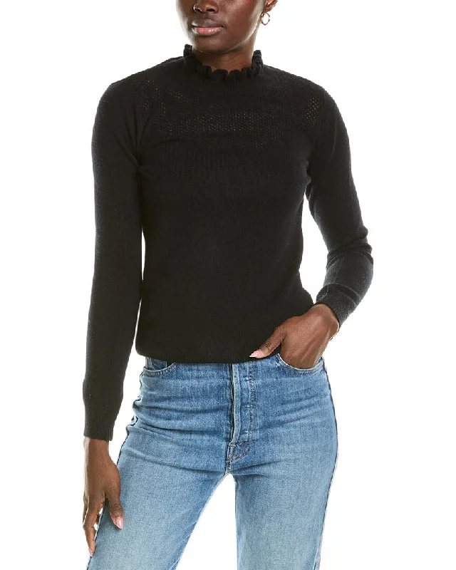 Sofiacashmere Ruffle Mock Neck Mesh Stitch Cashmere Sweater Sporty sweaters