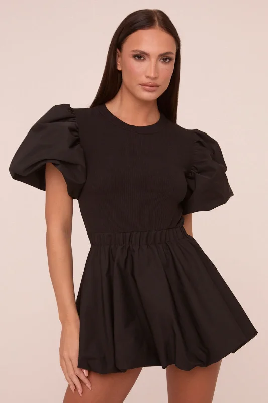 Black Puffball Hem Short Sleeves Mini Dress - Aldora Bodycon mini dresses