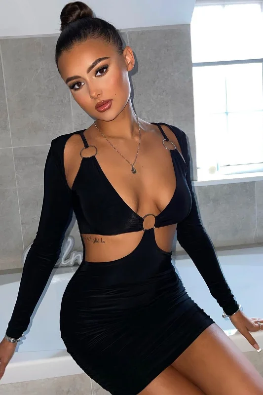 Black Ring Front Cut Out Slinky Mini Dress - Ava Club mini dresses