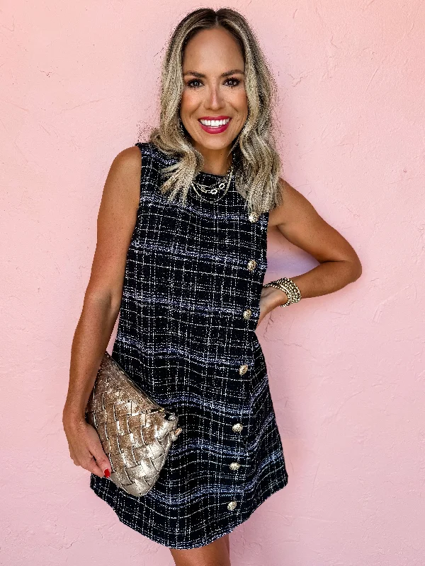 Plaid Tidings Tweed Mini Dress-Black Office mini dresses