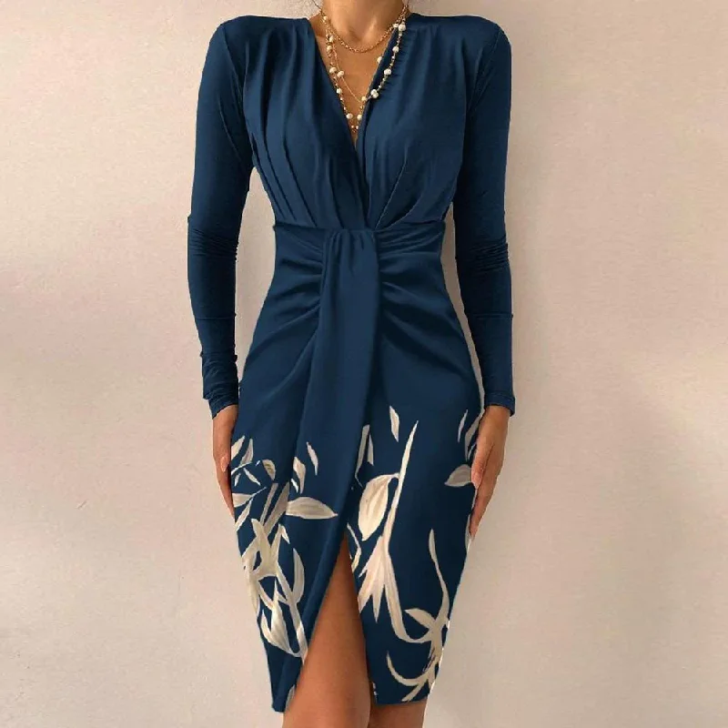 Floral Blue V-Neckline Ruched Front Slit Mini Dress Comfortable mini dresses for everyday wear