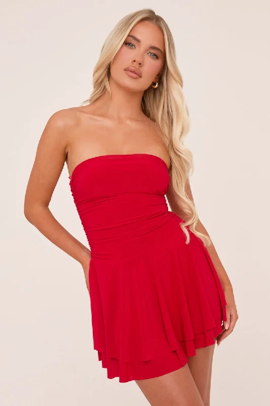 Red Bandeau Ruched Skater Mini Dress - Sifan Bodycon mini dresses