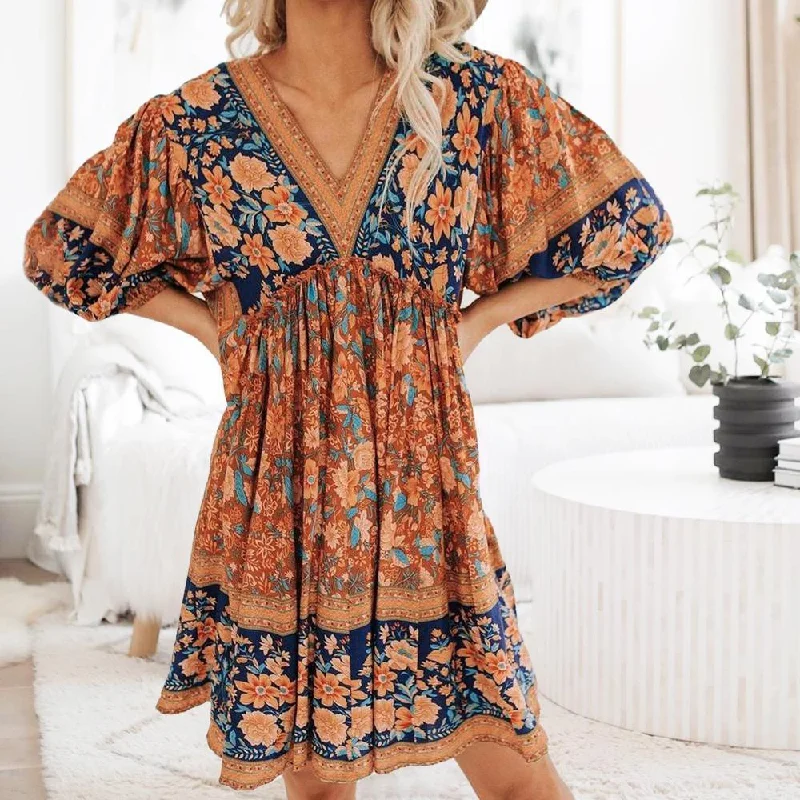 Lady Floral Vintage Long Sleeve Hippie  Ruffles Bohemian Dress Revolve mini dresses