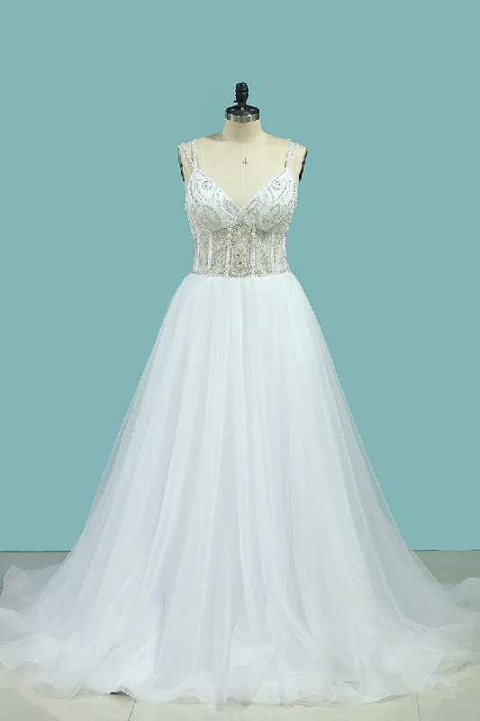 A Line Spaghetti Straps Wedding Dresses Beaded Bodice Tulle Court Train Sleeveless Wedding Dress