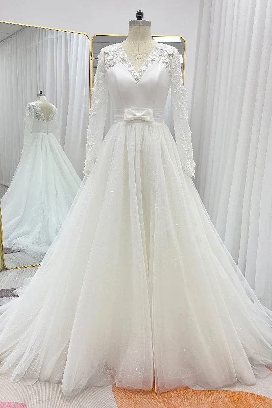 A-Line Chapel Train Mikado Lace Wedding Dress CW3236 Silk Bridal Dress