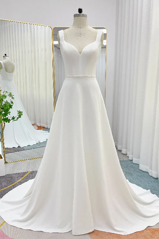 A-Line Sweep-Brush Train Stretch Satin Wedding Dress CW3287 Elegant Lace Gown