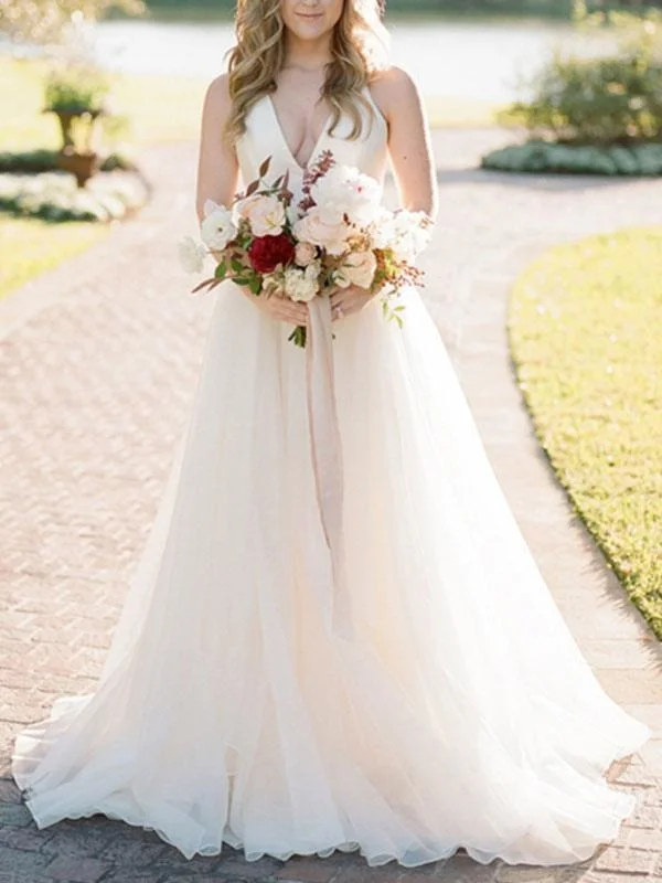 A Line Wedding Dress Ivory Blackless V Neck Spaghetti Straps Wedding Dress Soft Lace Gown