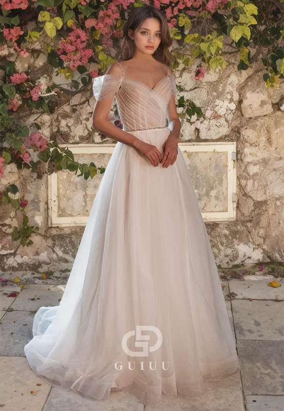 A-Line Off Shoulder Sleeveless Pleated Tulle Long Wedding Dress Beautiful Lace Gown