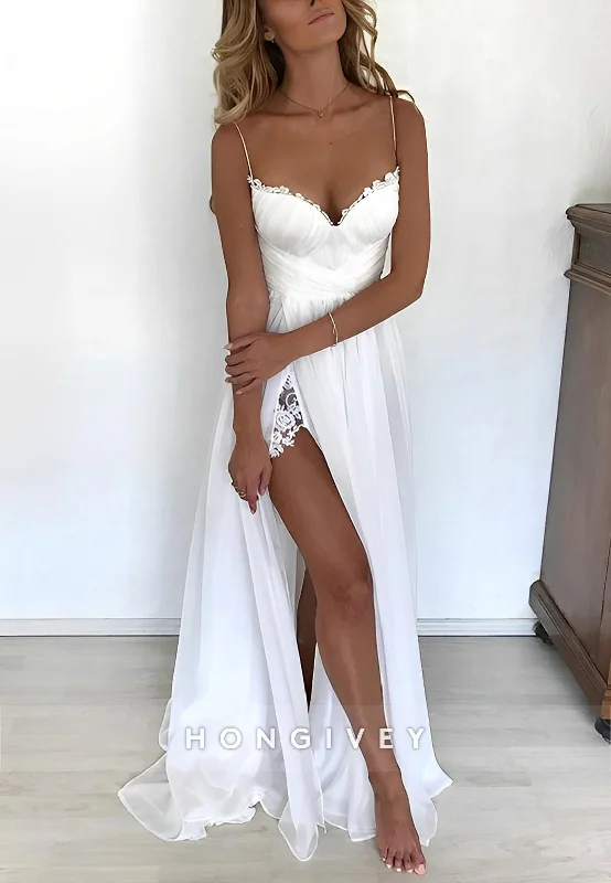 H1769 - A-Line V-Neck Spaghetti Straps With Side Slit Beach Wedding Dress Off-shoulder Wedding Gown