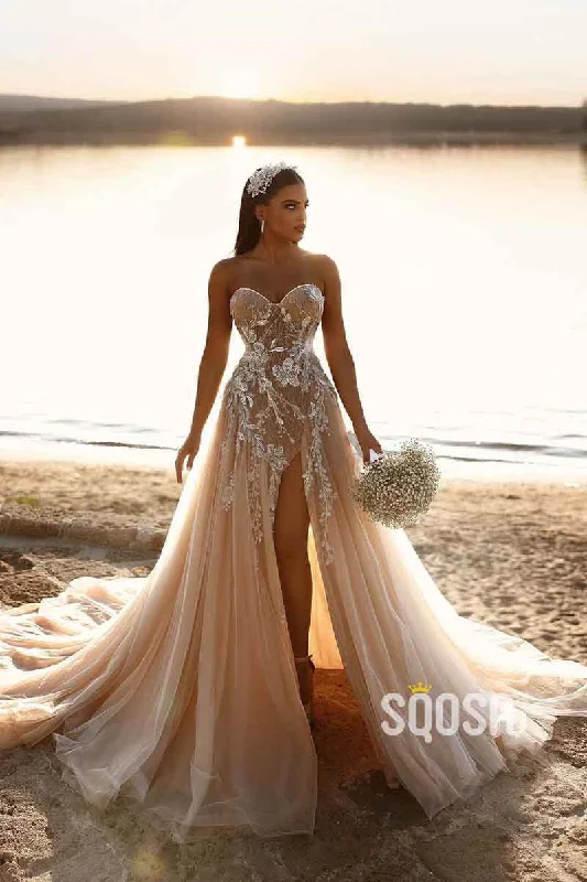 A Line Sweetheart Romantic Lace Appliques Elegant Wedding Dress with Slit QW2525 Sleek Wedding Dress